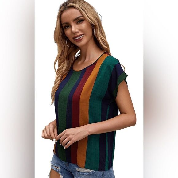 SHEIN Women's Cuff Short Sleeve Print Work Blouse Round Neck Shirt - S - Picture 2 of 9